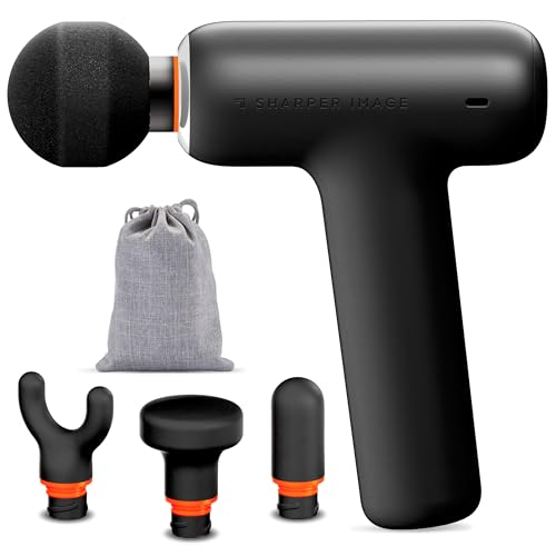 Sharper Image PowerBoost Core Mini Massage Gun [2026 Version] Deep Tissue Percussion Massager with 6 Speeds for Back & Full Body Muscle Pain Relief, Portable with 4 Attachments & Carry Pouch