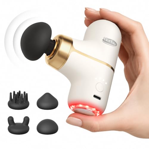 Morfone Mini Massage Gun - Deep Tissue Percussion Muscle Massager, Portable Ultra-light 0.48lb, 4 Heads & 4 Speeds, with Heat 660nm Red Light Therapy, Office Home Gym Travel Gifts for Women Men, White