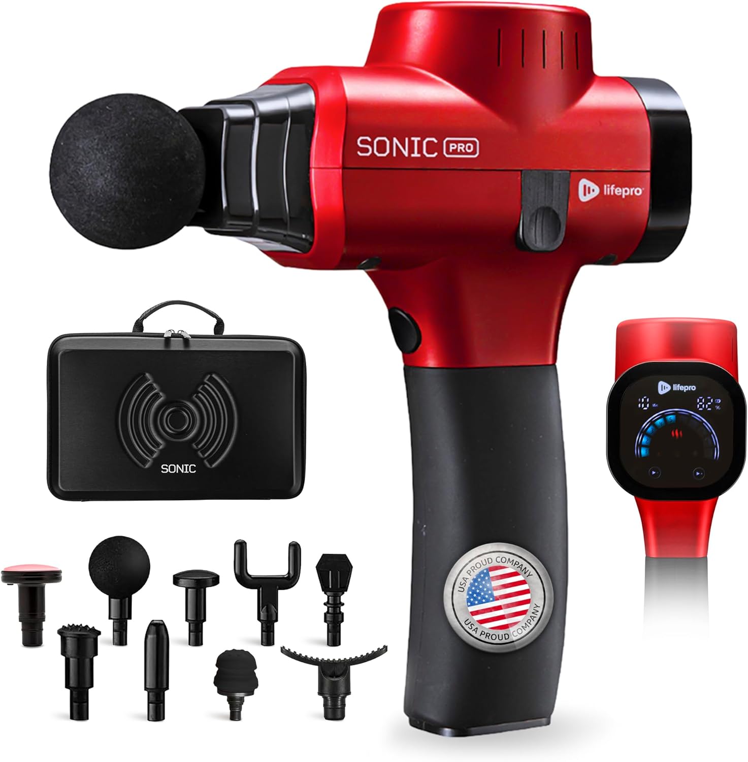 Lifepro Sonic Pro Handheld Electric Massage Gun – Deep Tissue Percussion Massager Gun with 10 Speeds & 9 Heads – Muscle Ma...