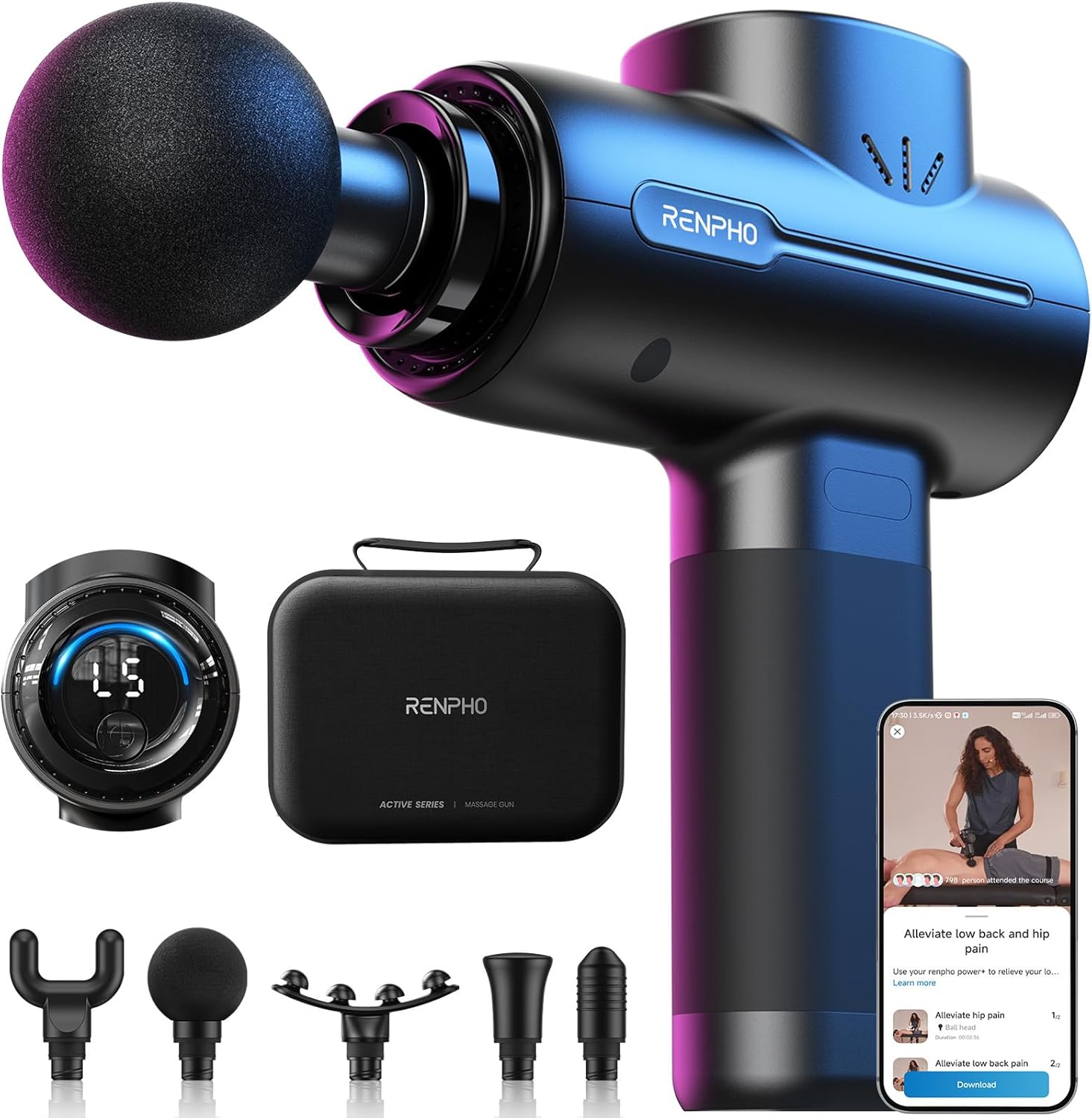 RENPHO Active+ Percussion Massage Gun, Fathers Day Dad Gifts, 5 Adjustable Speeds for Back, Neck, Muscle Recovery - App Co...