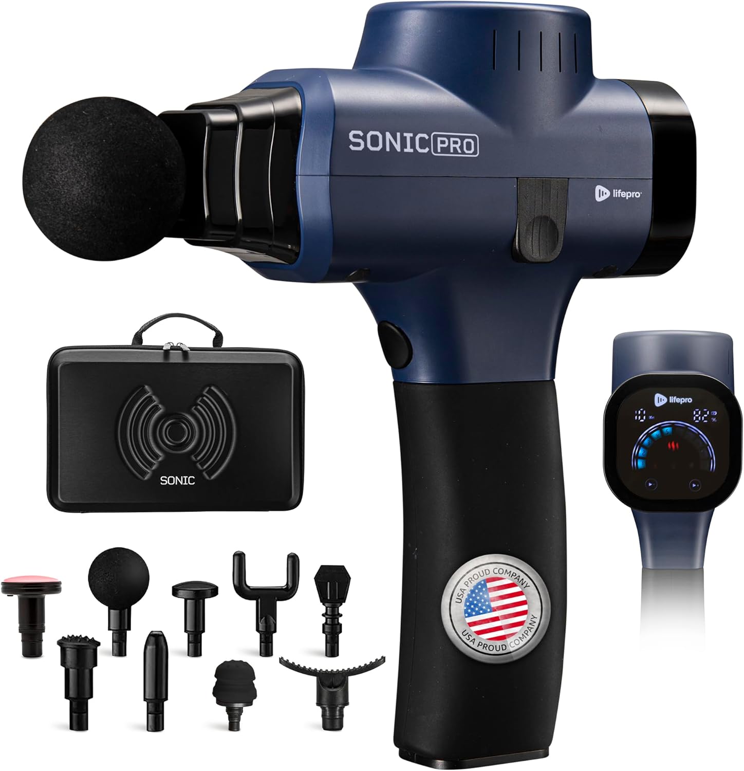 LifePro Sonic Pro Handheld Electric Massage Gun – Deep Tissue Percussion Massager Gun with 10 Speeds & 9 Heads – Muscle Ma...