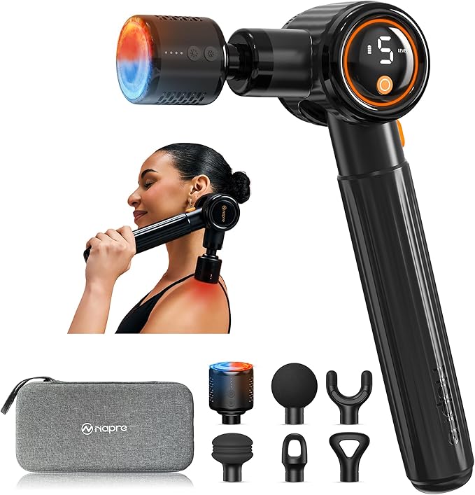 Massage Gun with Heat and Cold,Massage Gun Deep Tissue with Extension Handle & 3 Adjustable Angles,Handheld Percussion Back Massager for Muscle/Neck/Body Pain Relief,6 Heads,with C